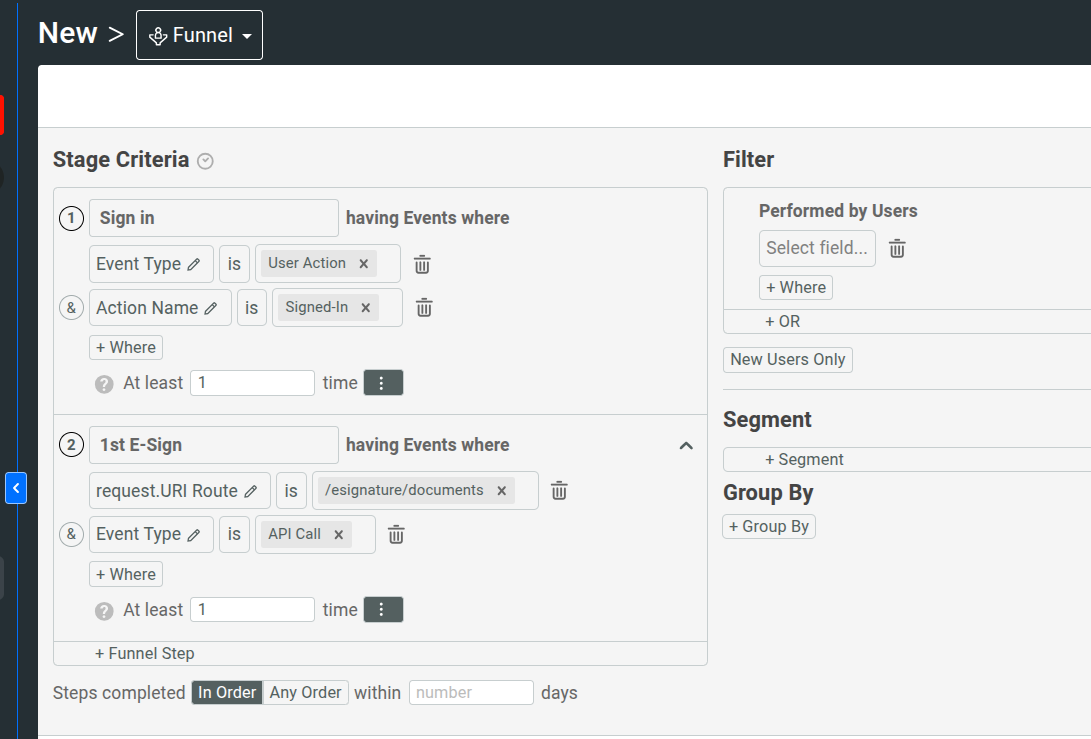 Funnel Analysis Overview showing an example funnel with two steps