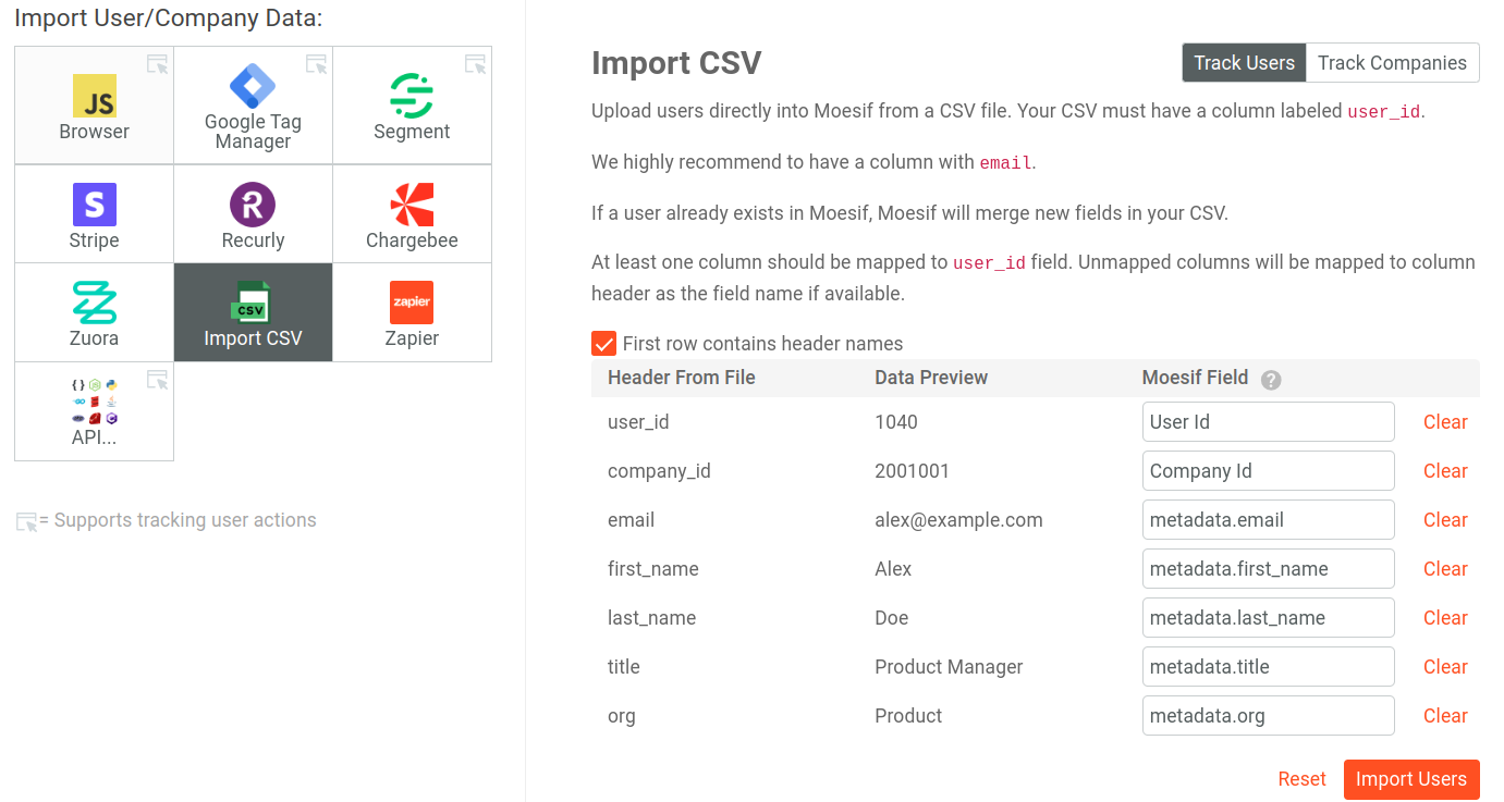 Settings screen showing user csv imported