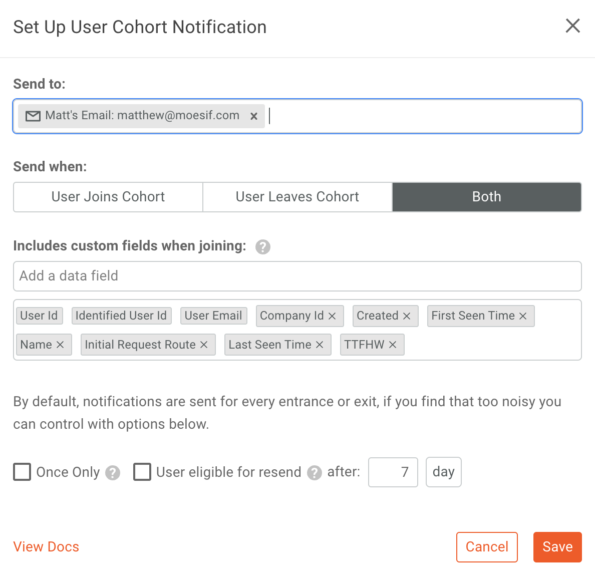Set Up User Cohort Notification Modal