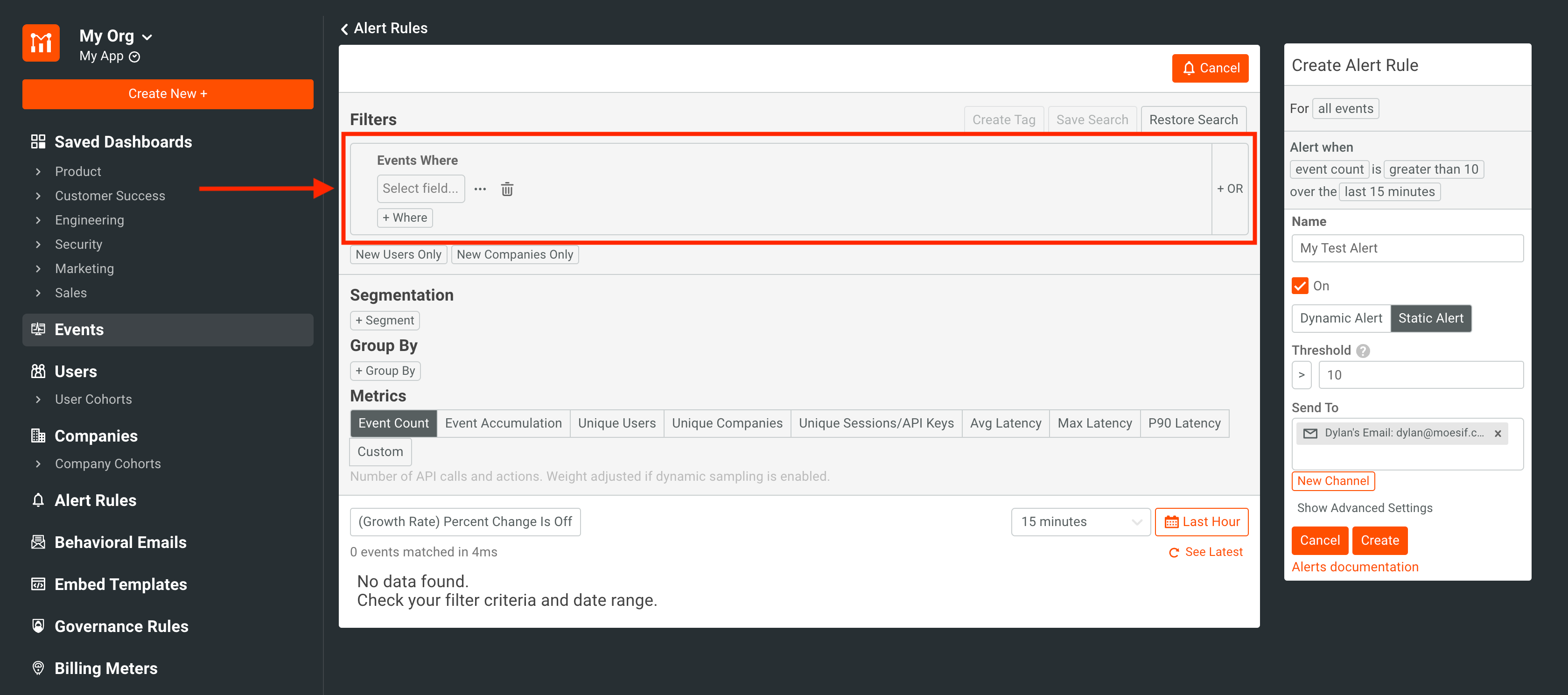 Moesif set alert filter