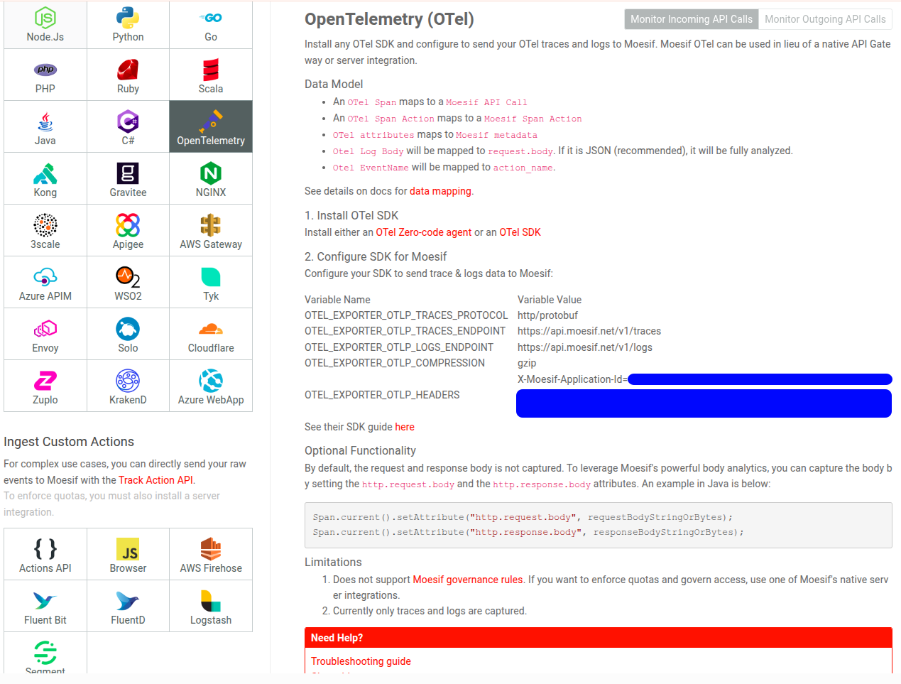 OpenTelemetry server installation screen in Moesif