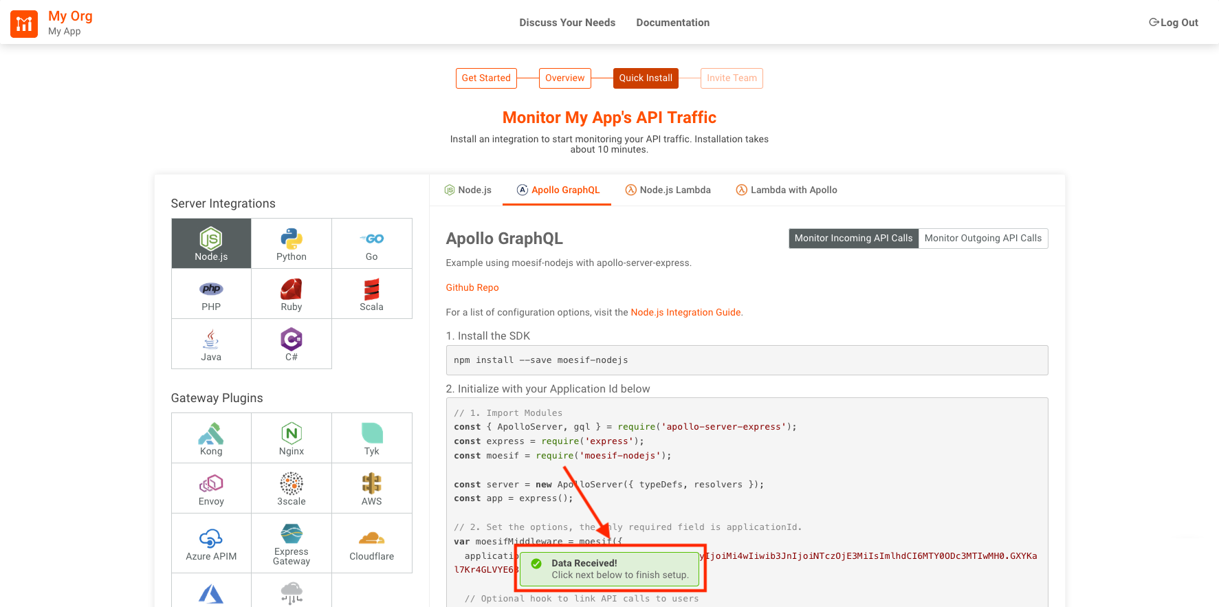 Moesif data received onboarding screen